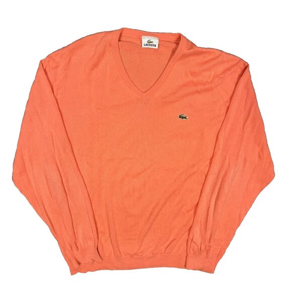 Lacoste V-Neck Knit Sweater Salmon Pink 100% Lightweight Cotton Large - Picture 1 of 8